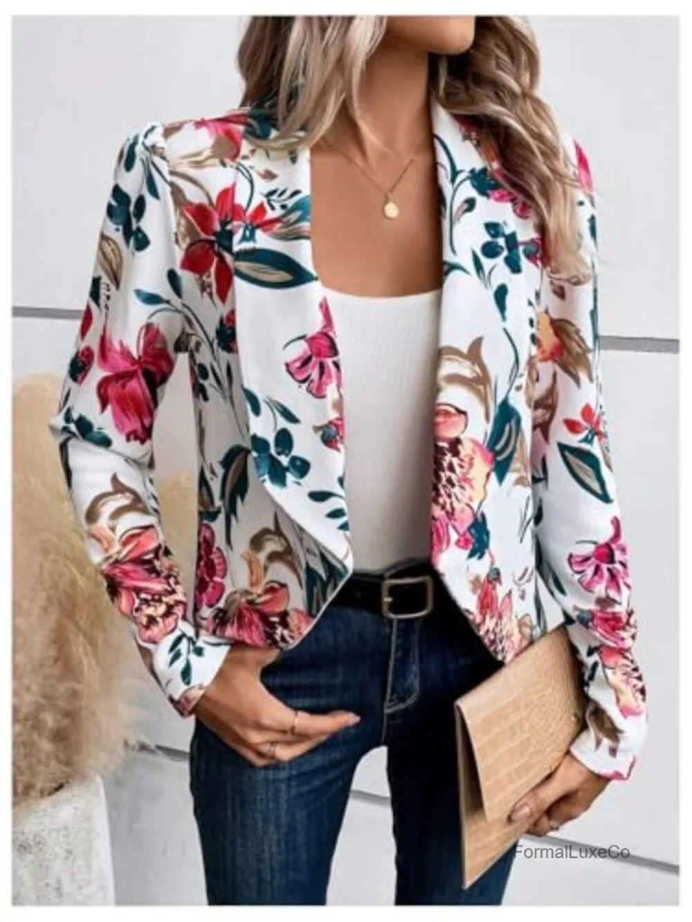 Floral Print Open Front Blazer Long Sleeve Shawl Collar Lightweight Jacket